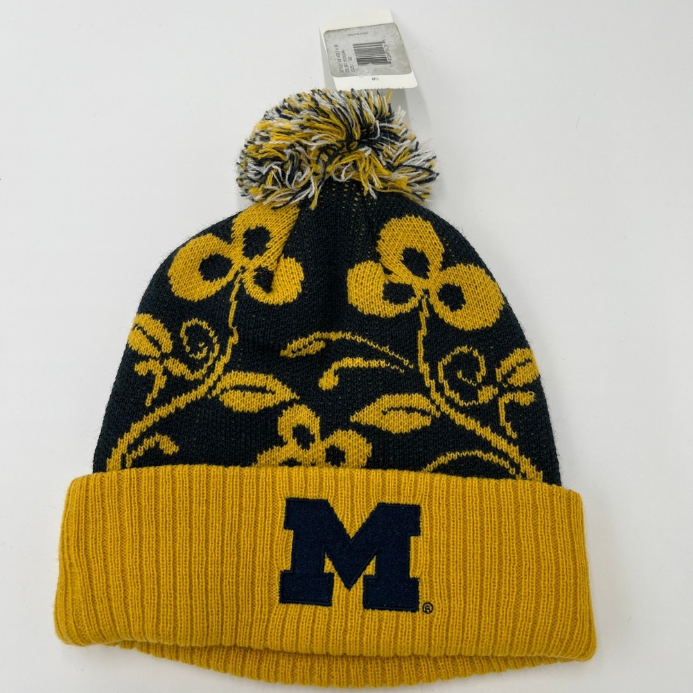 Michigan Wolverines Knit Beanie Pom Pom Hat Black Gold NCAA‎ Winter Cap One Size